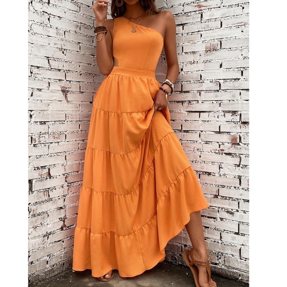 Vibrant One Shoulder Tie Back Stretchy Waist Maxi Dress - Picture 11 of 11